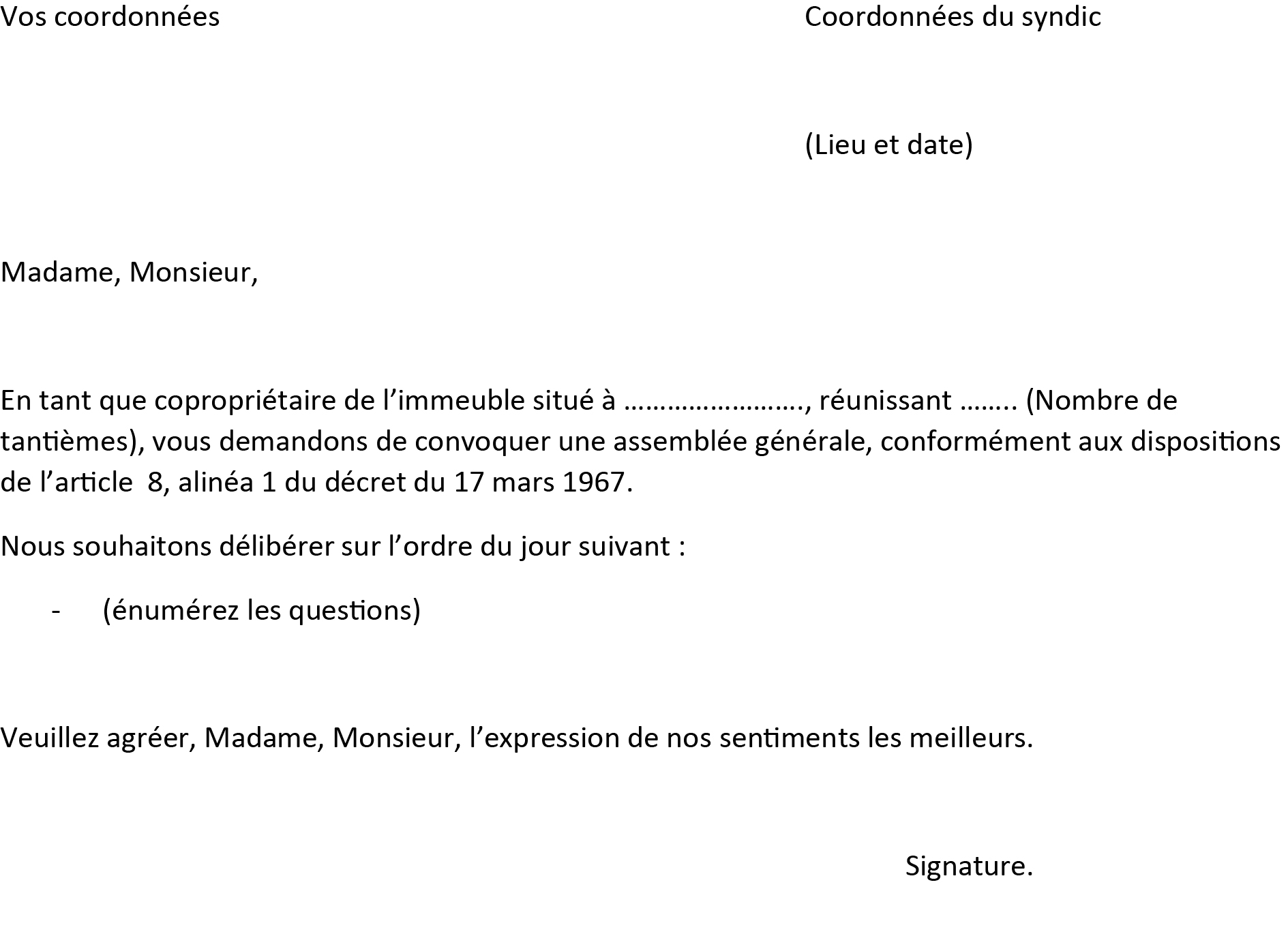 Courrier type - Demande de convocation d'une assemblée générale - RCSI